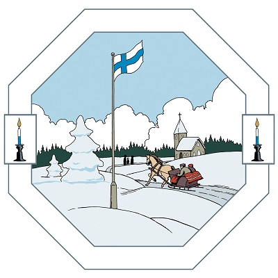 Talvinen rekiajelumaisema, jossa Suomen lippu hulmuaa lipputangossa